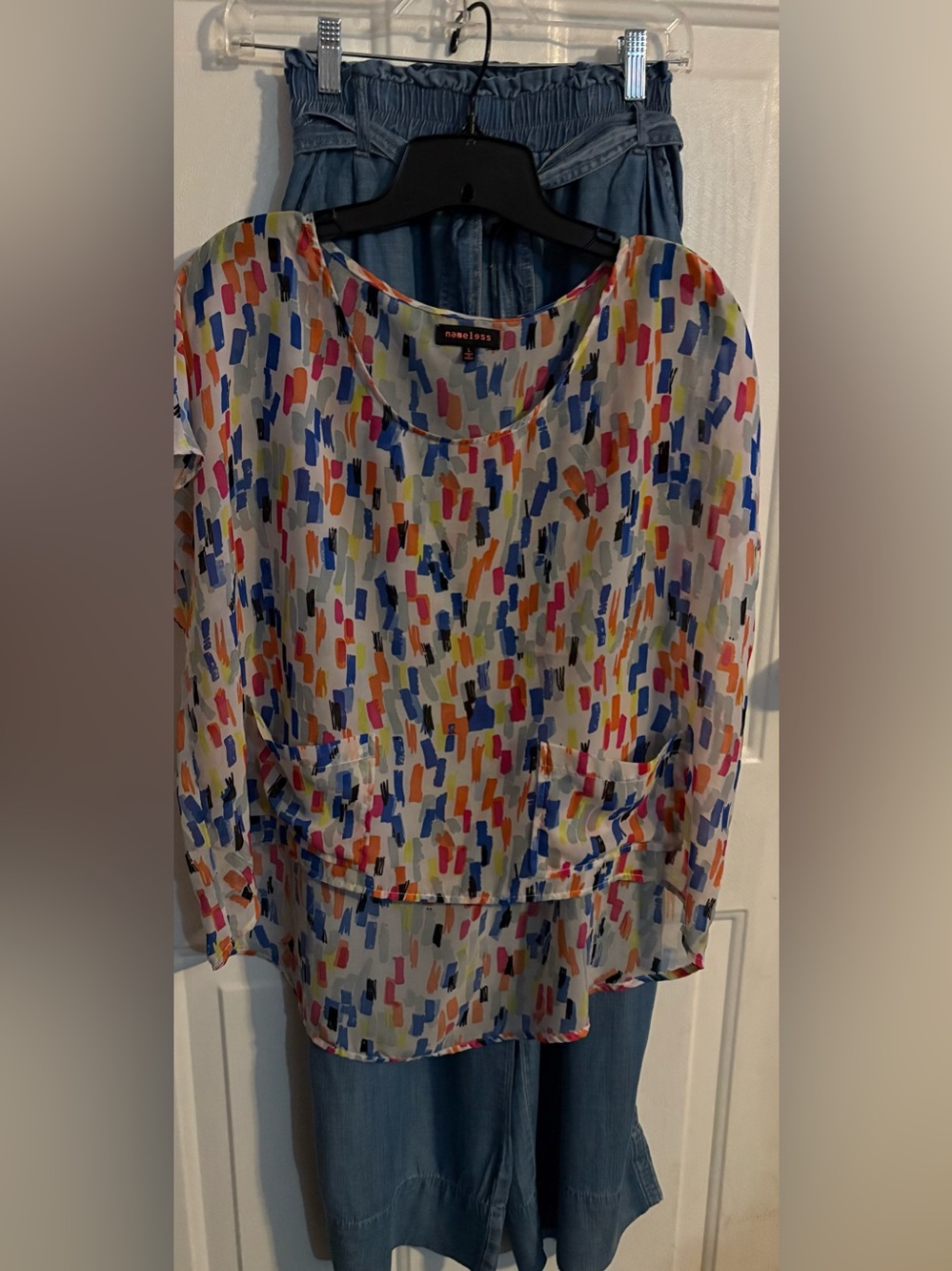 Nameless Multicolor Brushstroke Scoop Neck Top Semi Sheer & Knox Rose Pants